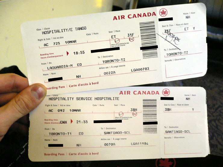 ラガーディア空港で発券されたサンチアゴ行きの航空券